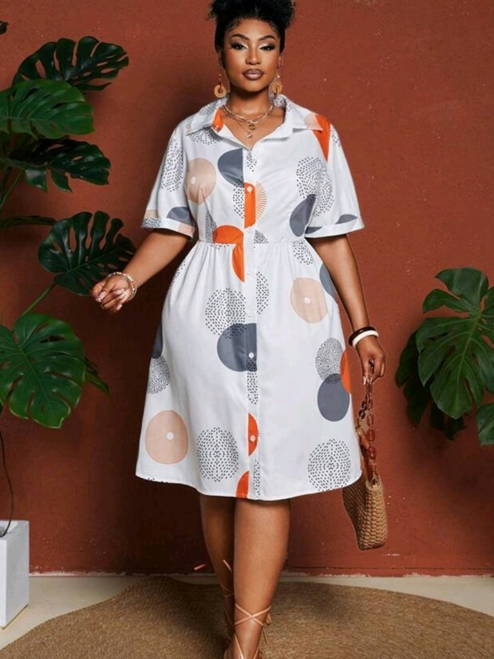 Button-Front White Shirt Dress with Orange & Gray Circle Print